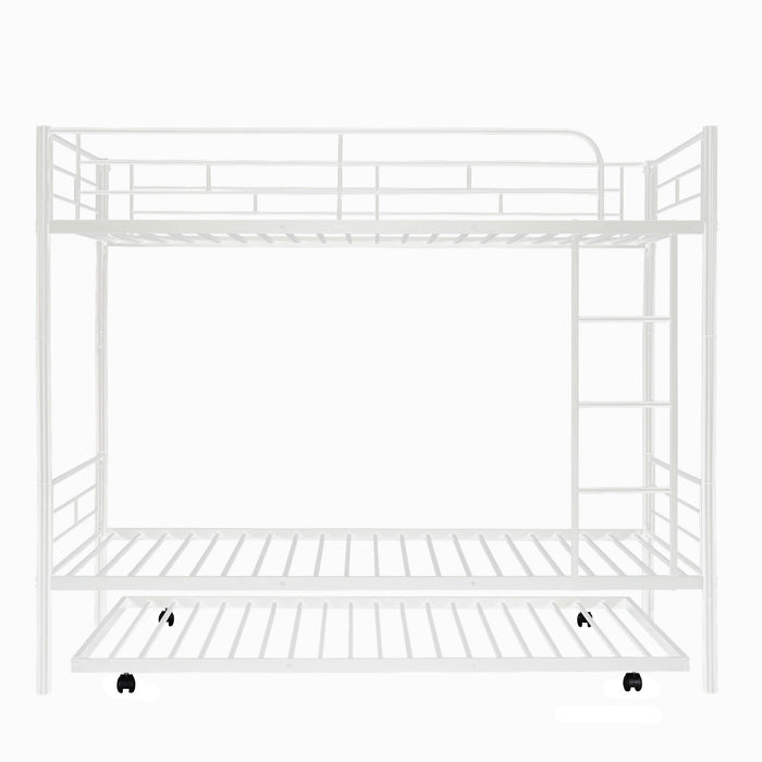 Twin Over Twin Metal Bunk Bed With Trundle, Can Be Divided Into Two Beds, No Box Spring Needed - White