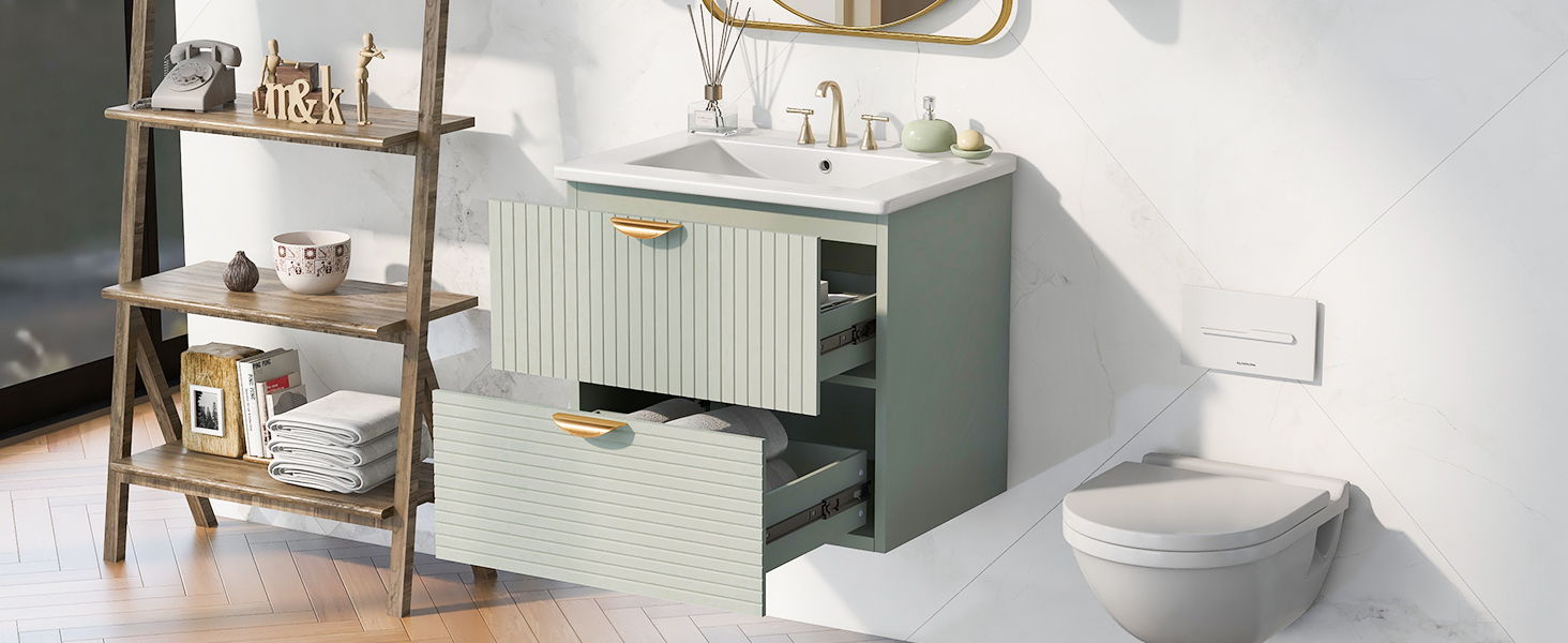 Modern Wall-Mounted Bathroom Vanity With 2 Drawers, Ideal For Small Bathrooms - Green