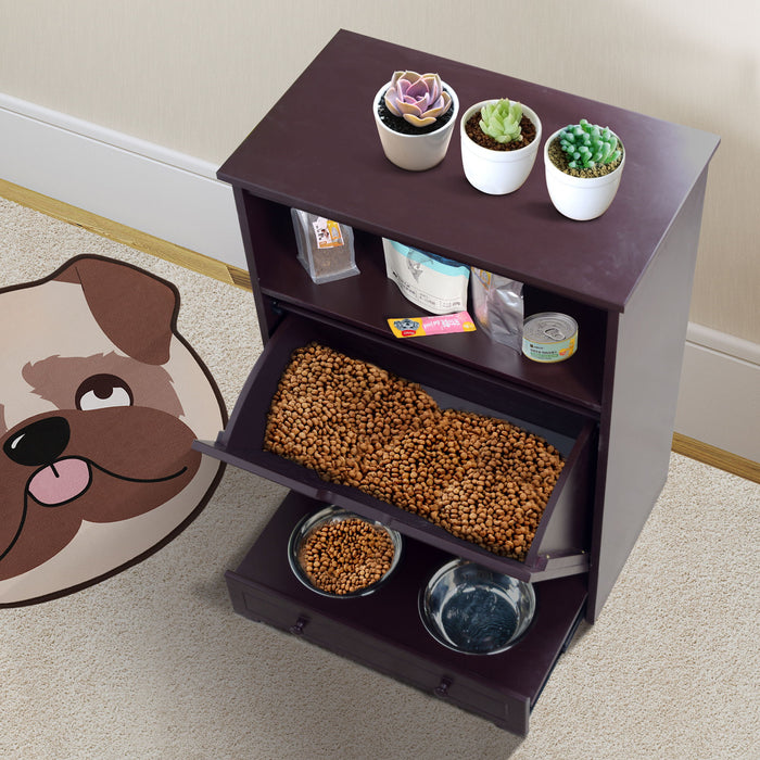 Pet Feeder Station With Storage, Waterproof Painted, Dog And Cat Feeder Cabinet With Stainless Bowl - Brown