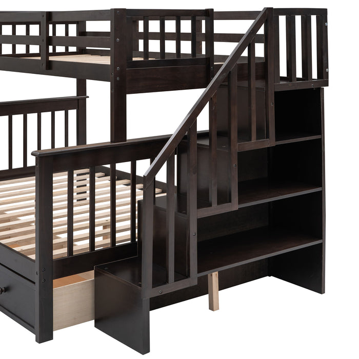 Twin Over Full Stairway Bunk Bed With Drawer, Storage And Guard Rail For Bedroom, Dorm, For Adults