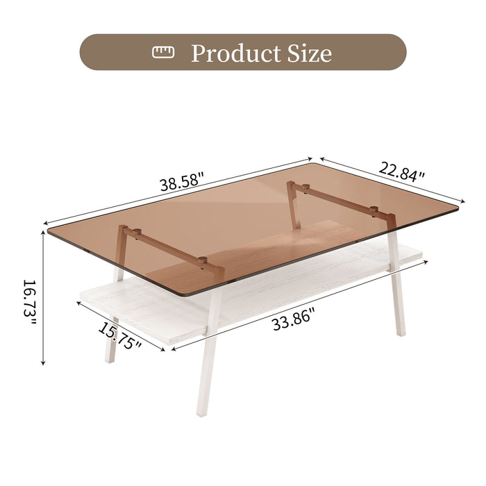 Rectangle Coffee Table, Tempered Glass Tabletop With Metal Legs, Modern Table For Living Room - Brown