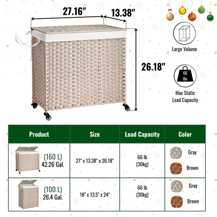 Laundry Hamper With Lid PE Rattan Powder Coating Frame Clothes Hampers With 2 Removable Bags