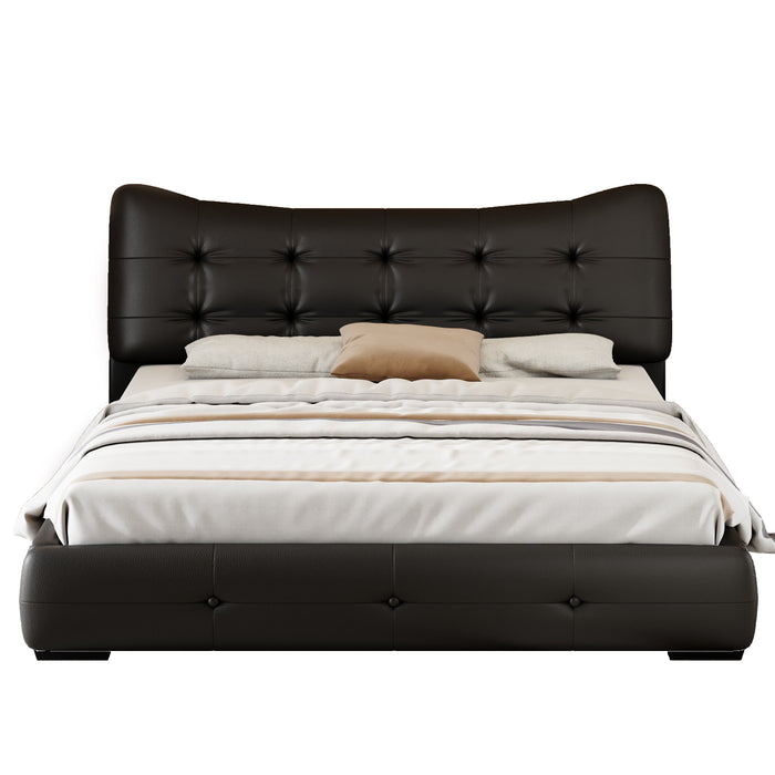 Queen Bed Modern PU Upholstered With Ergonomic Wingback Headboard, No Box Spring Needed - Black