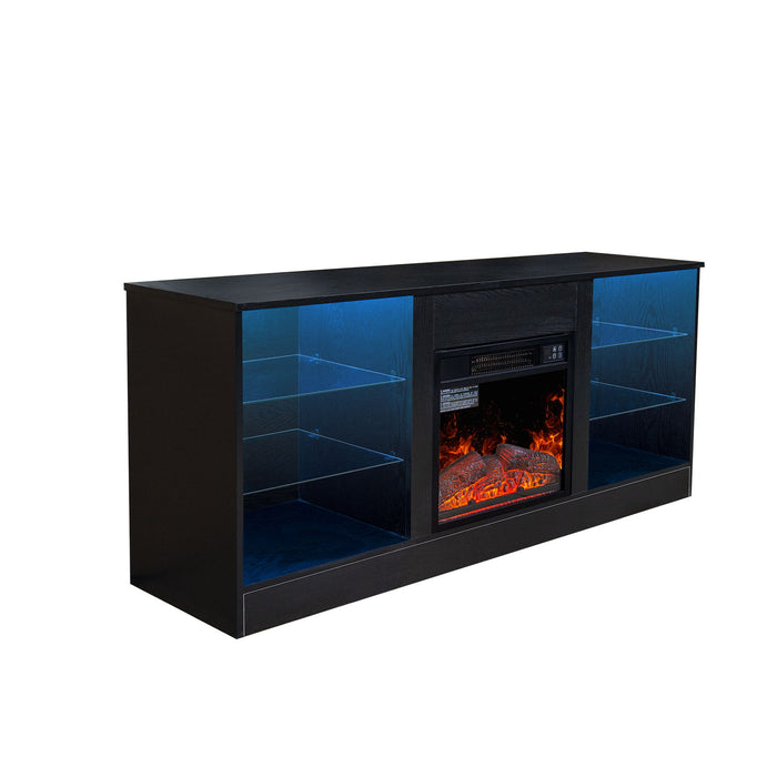 Fireplace TV Stand With 18" Electric Fireplace Heater, Modern Entertainment Center For TVs Up To 62" With Adjustable Glass Shelves And Storage Cabinets