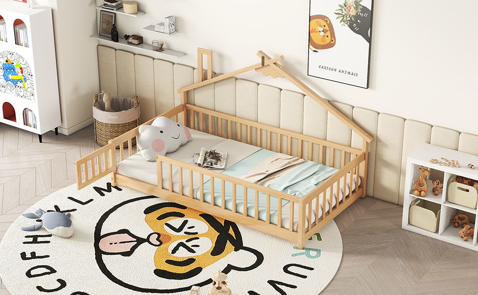 House-Shaped Bedside Floor Bed With Guardrails, Slats, With Door