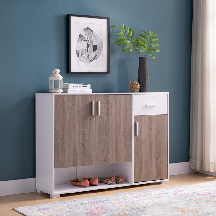Shoe Storage Cabinet For 17 Pairs, Bedroom Cabinet With Drawer & Doors - White & Dark Taupe