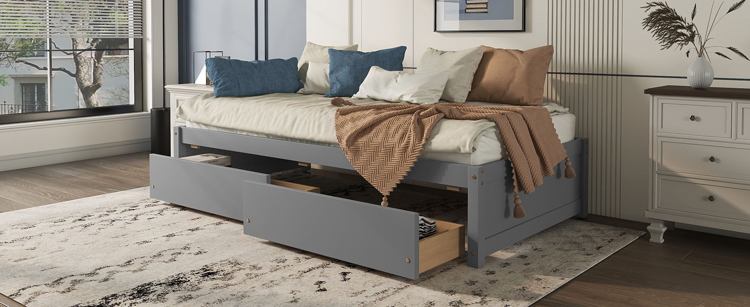 Twin Bed With 2 Drawers, No Box Spring Needed - Gray