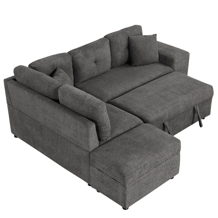 Convertible Sleeper, Sectional Pull Out Sofa Bed With Storage Ottoman, 2 Throw Pillows, 2 Stools, Wireless Charger And Two Hidden USB Ports For Living Room