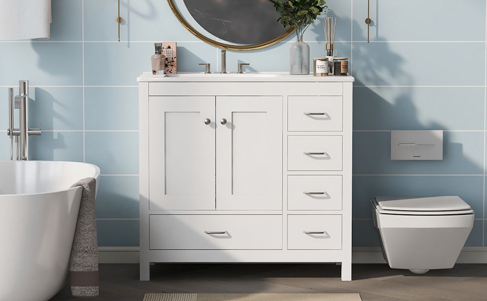 Bathroom Vanity With Ceramic Sink Combo, Abundant Storage Cabinet -2 Soft-Close Doors And 5 Drawers