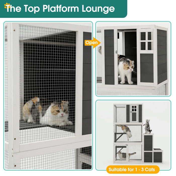 3 Tier Wooden Outdoor & Indoor Cat House Suitable For 1-3 Cats Cat Enclosure Resting Box With 4 Platforms And 2 Doors Cat Shelter Kitty House With A Jump Box For Hiding And Resting Cat Cage - Gray