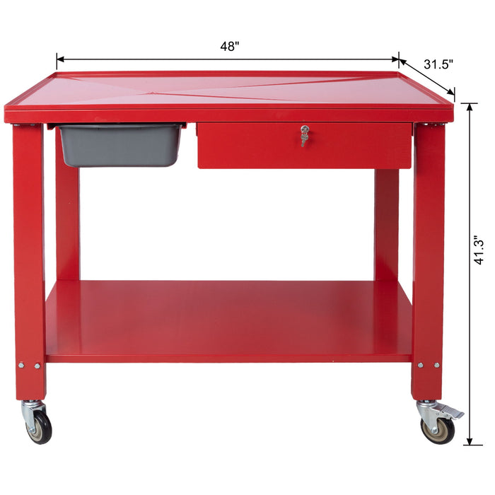 Transmission Teardown Work Station 1 / 2 Ton Capacity Sloping Drain Table Locking Drawer Removable Drain Basin Full-Width Lower Shelf Four 4" Caster Wheels