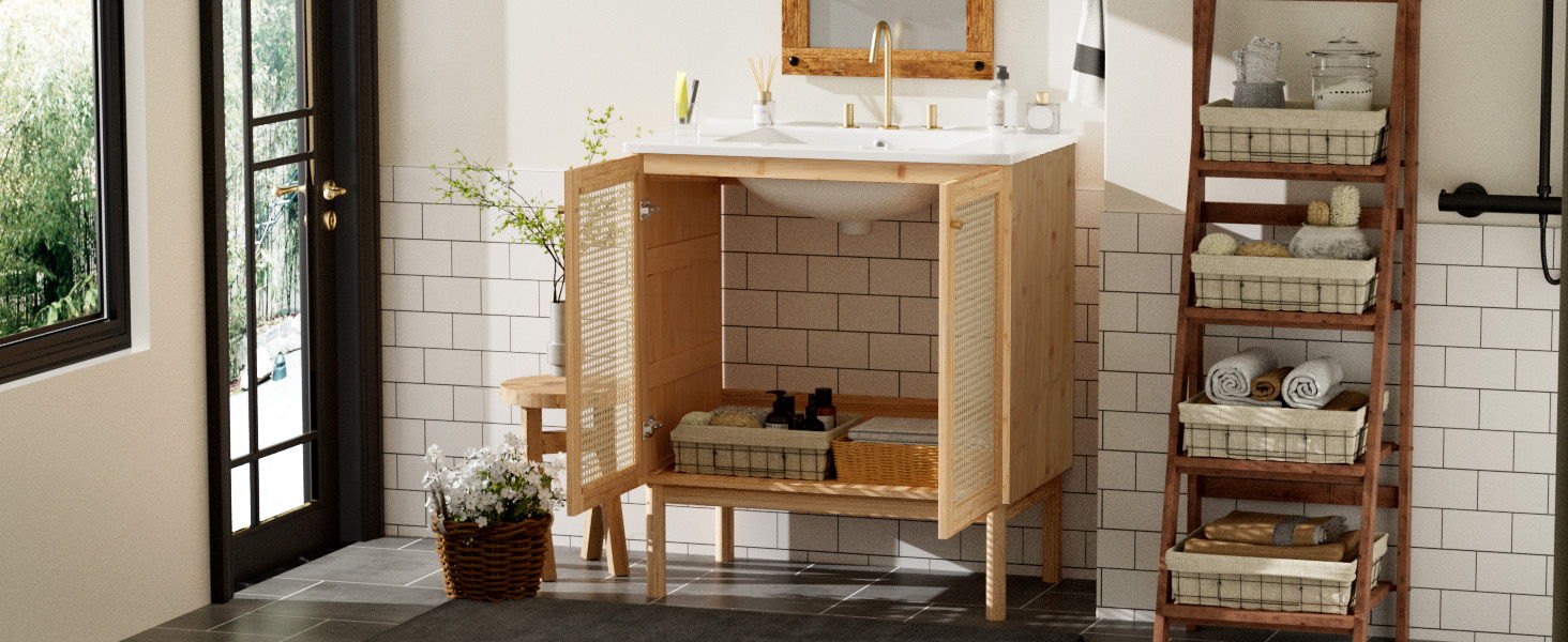 Bathroom Vanity Crafted From Natural Materials, Featuring Handmade Rattan Doors And Soft-Closing Mechanisms - Light Brown