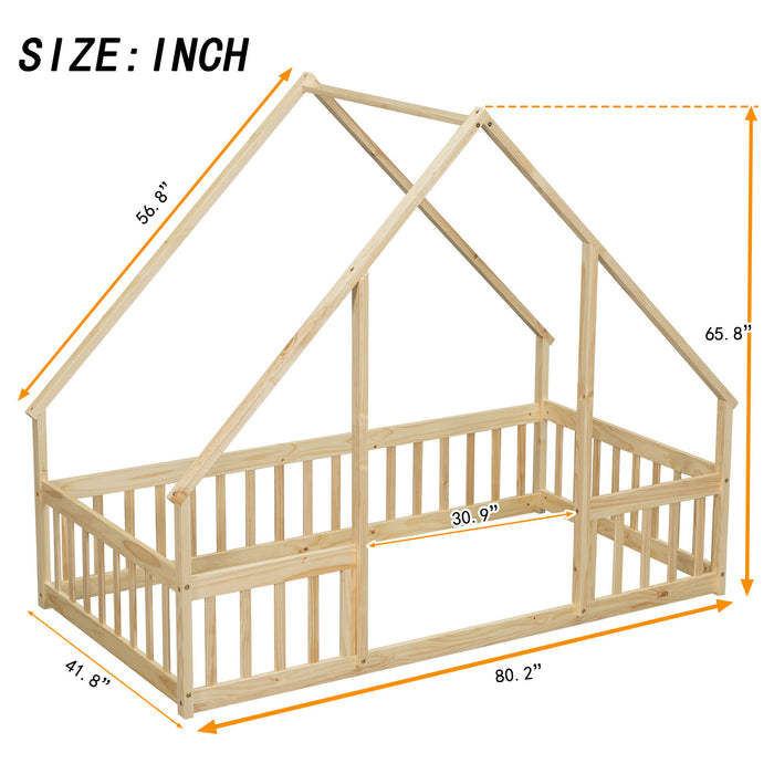 Wood House-Shaped Floor Bed With Fence, Guardrails