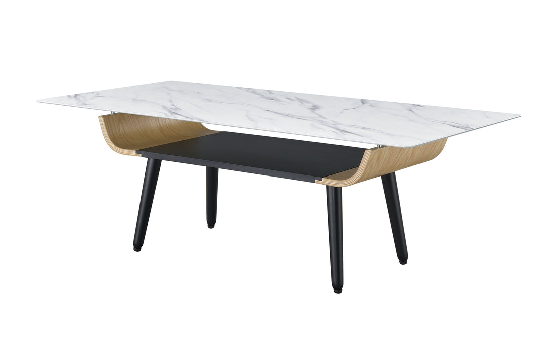 Landon - Coffee Table With Glass Marble Texture Top And Bent Wood Design