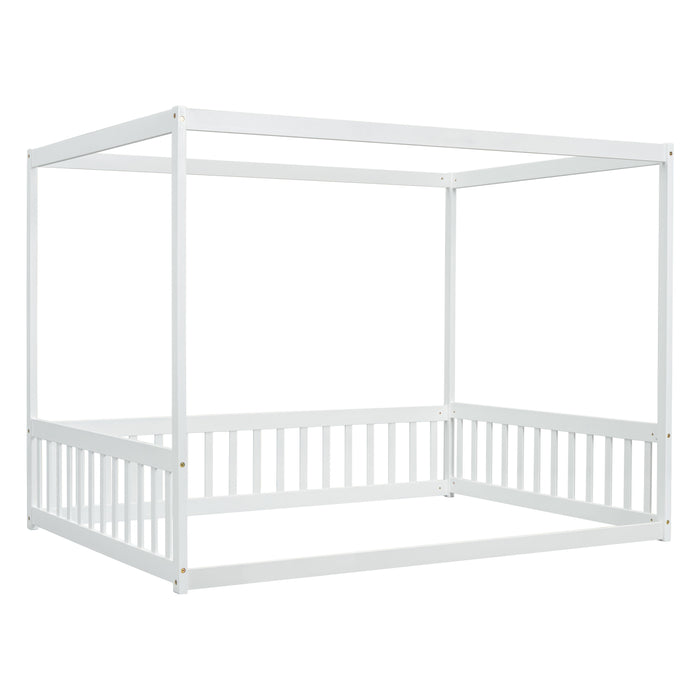 Canopy Frame Floor Bed With Fence, Guardrails