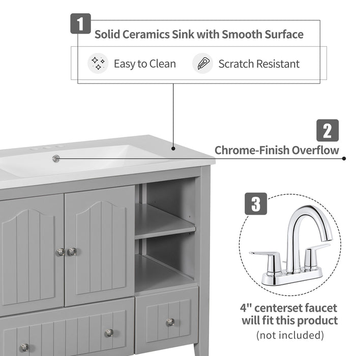 Bathroom Vanity With Ceramic Basin, Bathroom Storage Cabinet With Two Doors And Drawers, Solid Frame, Metal Handles