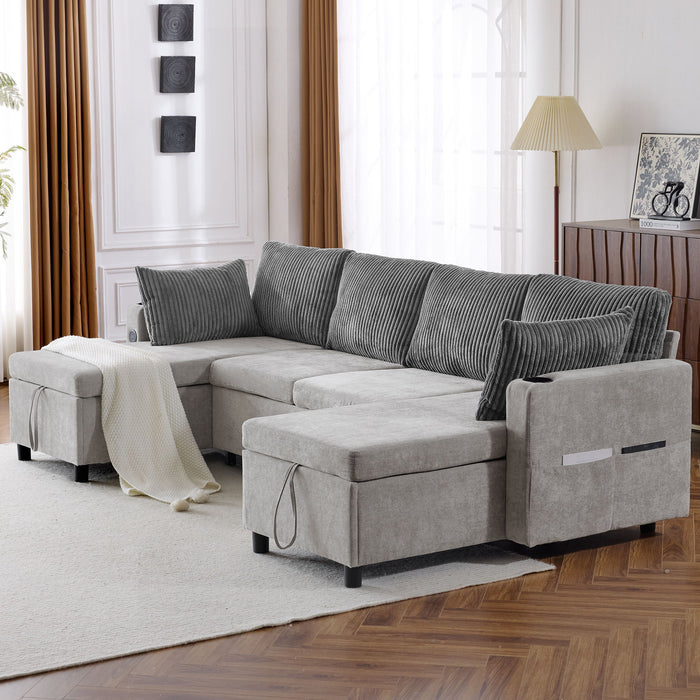 Sectional Sofa Pull Out Sofa Bed Versatile Sofa Sleeper With Large Storage Space, Two USB Ports And Two Cup Holders For Living Room