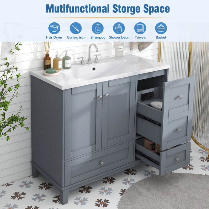 Modern Bathroom Vanity With USB Charging, Two Doors And Three Drawers Bathroom Storage Vanity Cabinet With Single Top, Small Bathroom Vanity Cabinet With Sink - White / Gray Blue