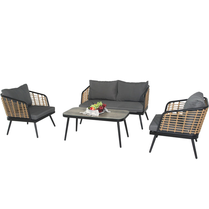 4 Pieces Patio Furniture Set, PE Rattan Wicker With Washable Cushion And Tempered Glass Tabletop, Conversation Furniture For Garden Poolside Balcony