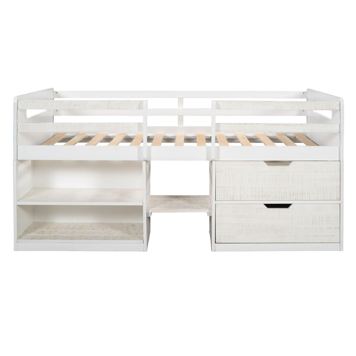 Twin Size Loft Bed With Two Shelves And Two Drawers