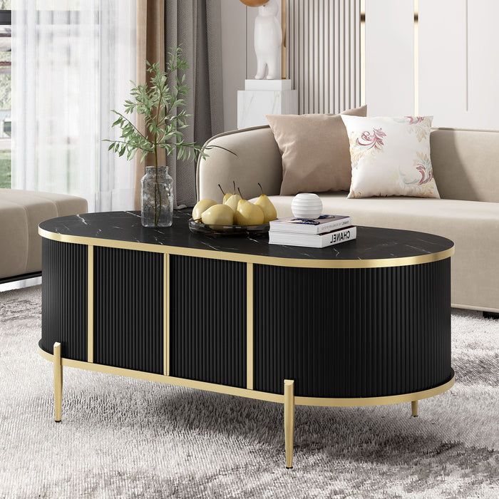 Modern Luxury Oval Shaped Fluted Coffee Table, Marble - Patterned Top Coffee Table With 2 Cabinets, Metal Legs And Handles For Living Room