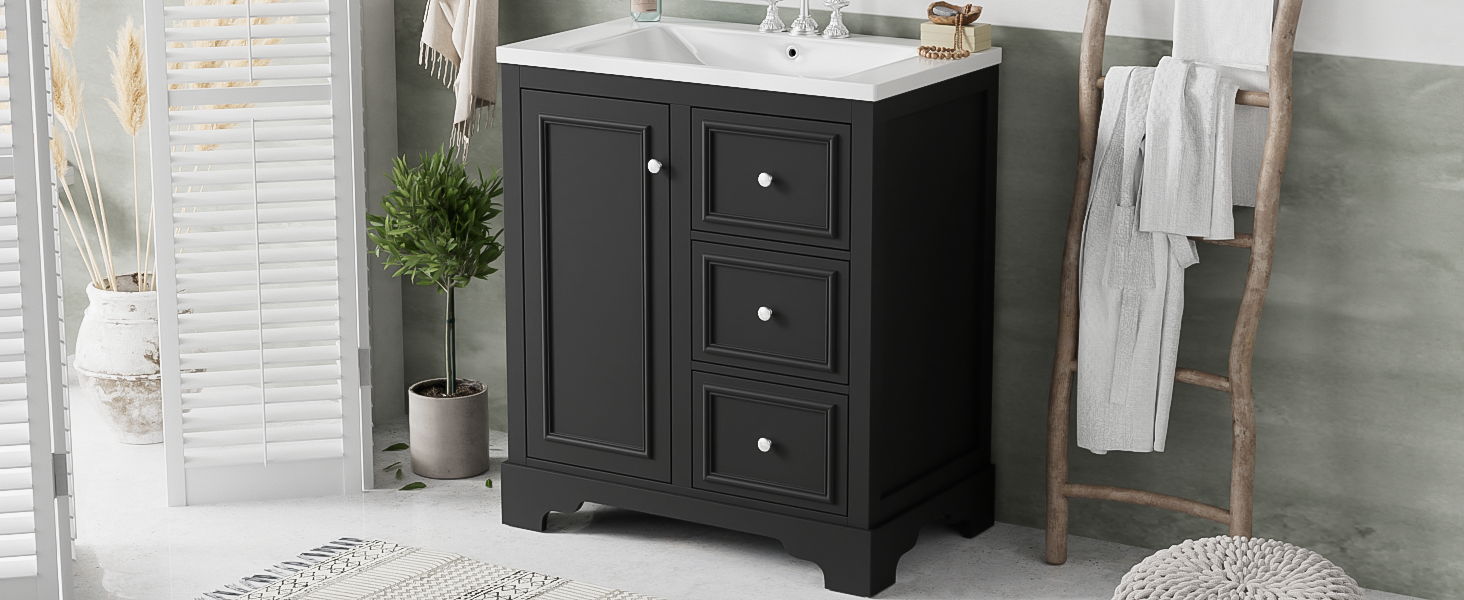 Bathroom Vanity Cabinet With Ceramic Basin, 3 Drawers And Adjustable Shelves