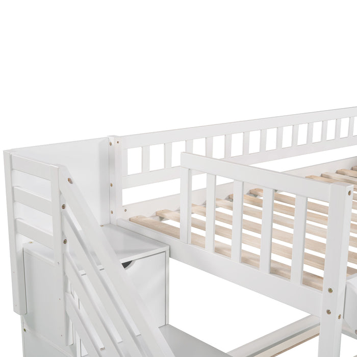 Twin Over Twin Stairway Bunk Bed With Two Drawers And Slide