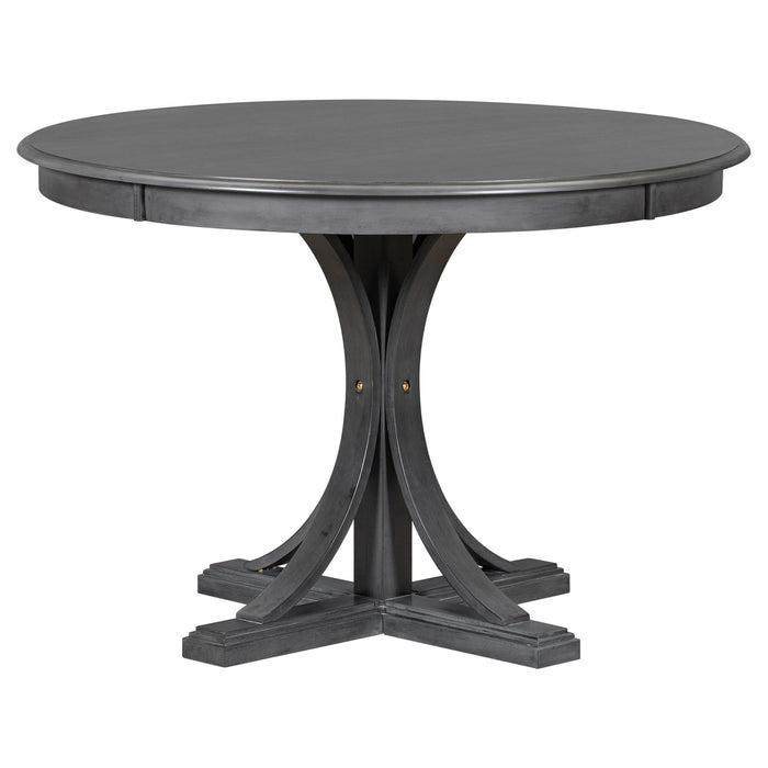 Retro Round Dining Table Set With Curved Trestle Style Table Legs And Upholstered Chairs For Dining Room