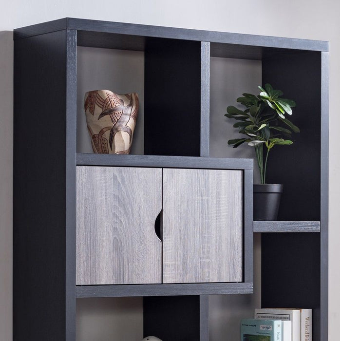 Two-Toned Display Cabinet, Two Door Bookcase Six Shelves - Black & Distressed Grey