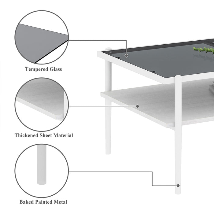 Rectangle Coffee Table With Tempered Glass Top And White Legs, Modern Table For Living Room