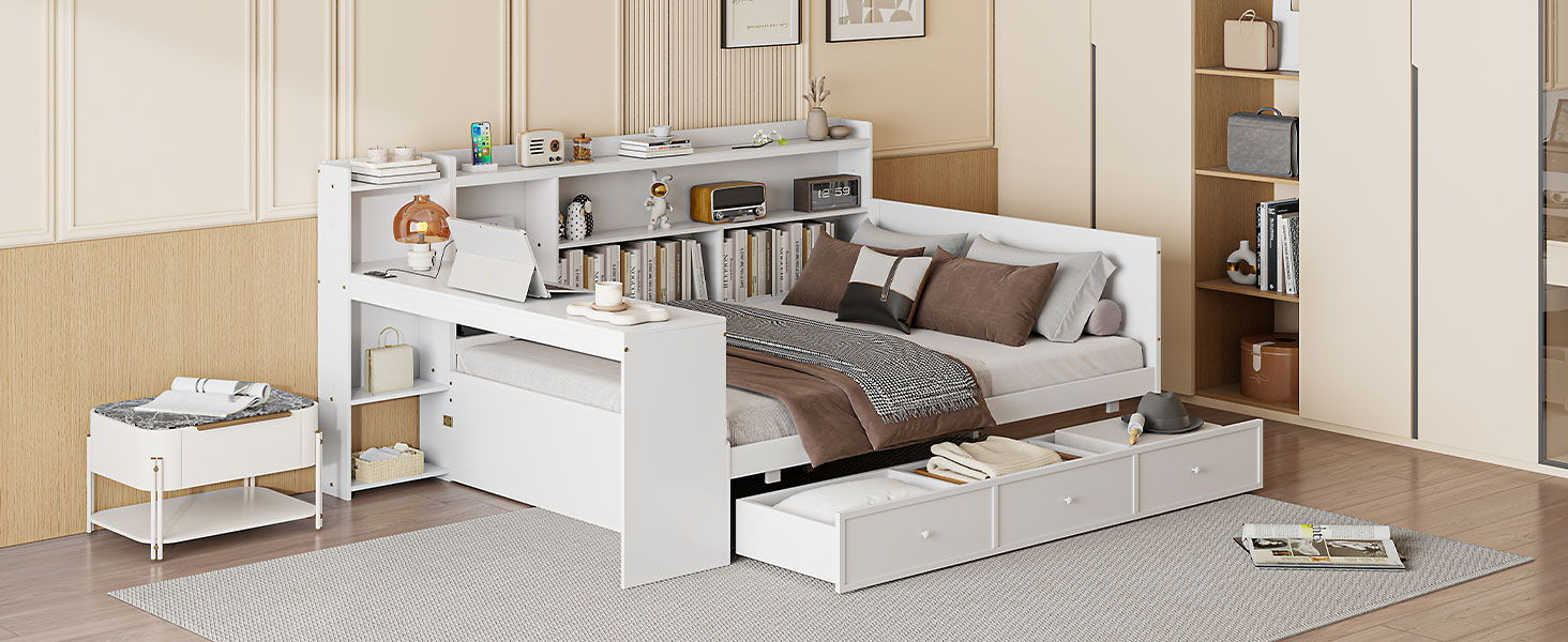 Wooden Daybed With 3 Drawers, USB Ports And Desk