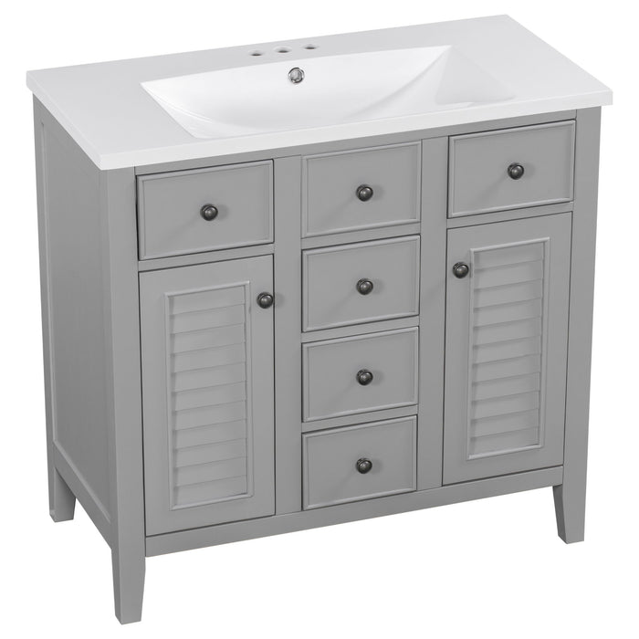 Bathroom Vanity With Ceramic Basin, Two Cabinets And Five Drawers, Solid Wood Frame, Gray