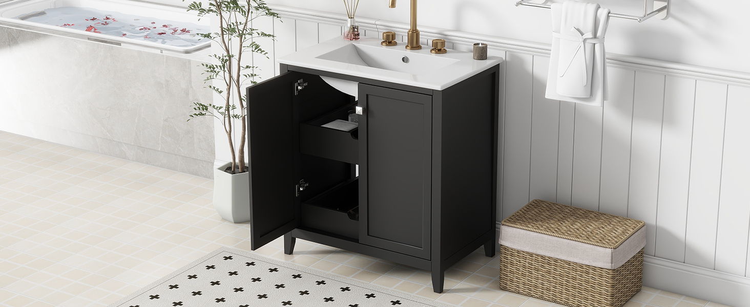 Freestanding Bathroom Vanity Combo With Ceramic Sink Shaker Style Vanities 2 Doors And 2 Drawers - Black