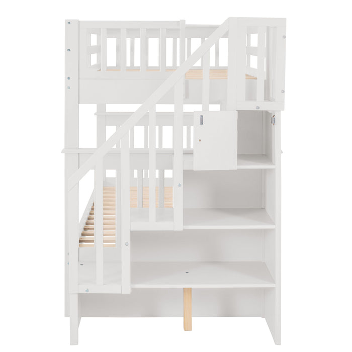 Stairway Twin Over Twin Bunk Bed With Twin Size Trundle For Bedroom, Dorm, Adults - White