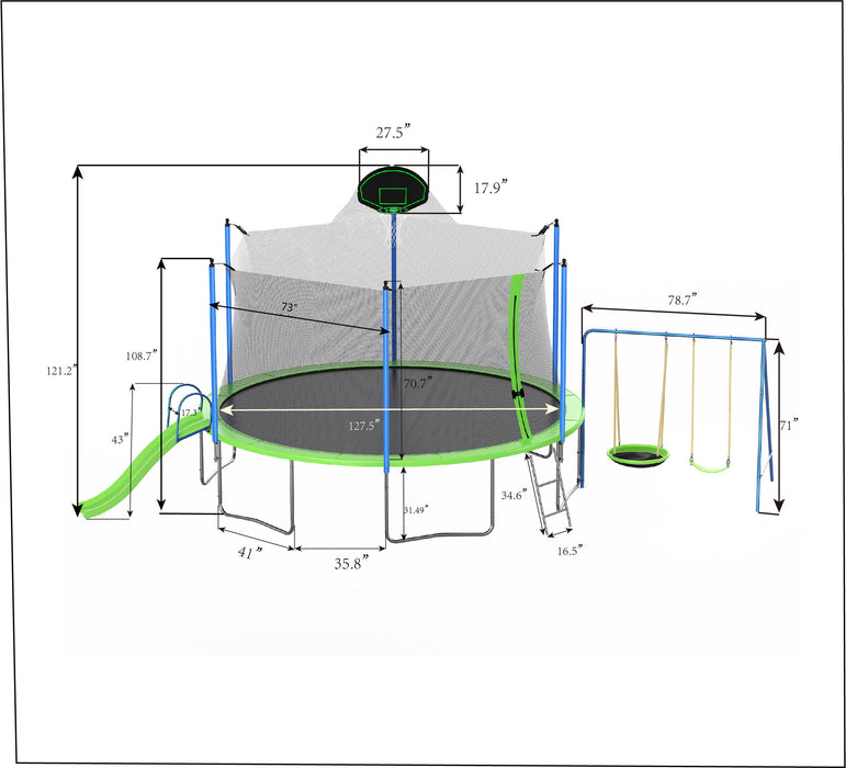 12Ft Trampoline With Slide And Swings, Astm Approved Large Recreational Trampoline With Basketball Hoop And Ladder, Outdoor Backyard Trampoline With Net, Capacity For Kids And Adults - Green / Blue