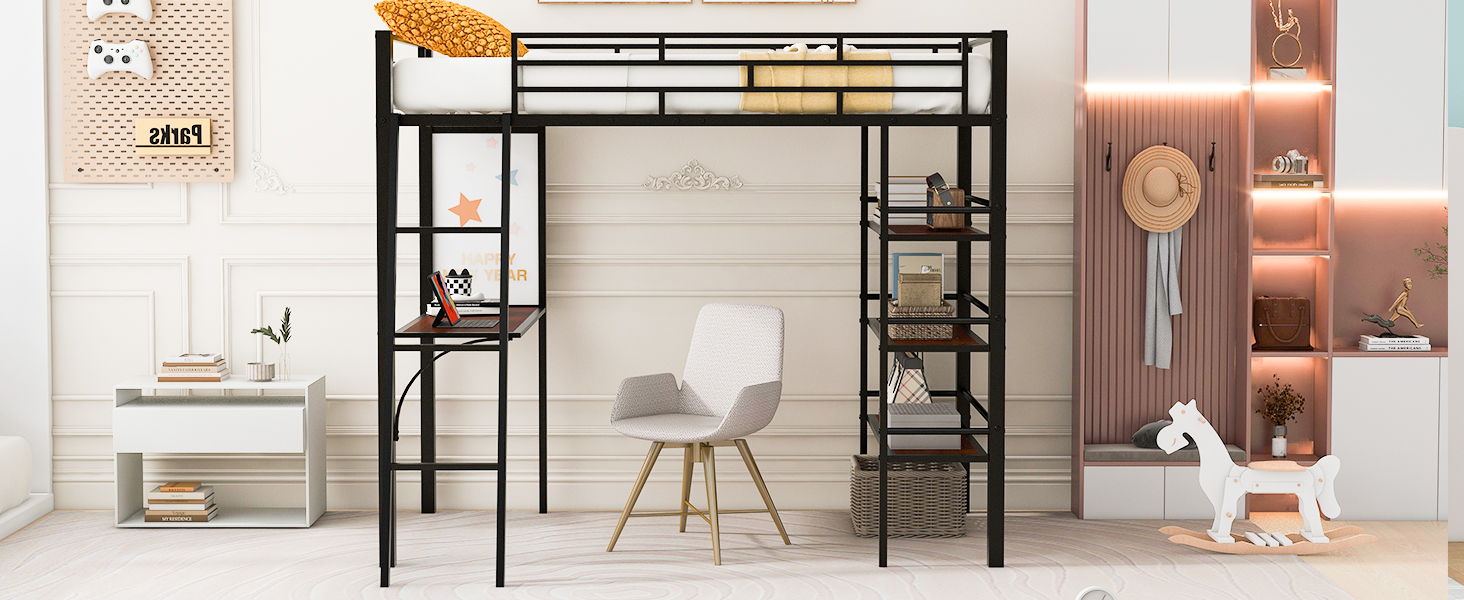 Loft Metal Bed With 3 Layers Of Shelves And Desk, Stylish Metal Frame Bed With Whiteboard