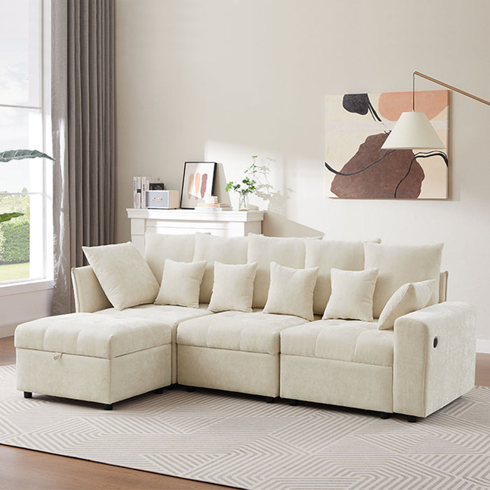 Sectional Sofa Modular Sofa Couch With Three USB Ports, A Removable Storage Ottoman And Five Back Pillows For Living Room