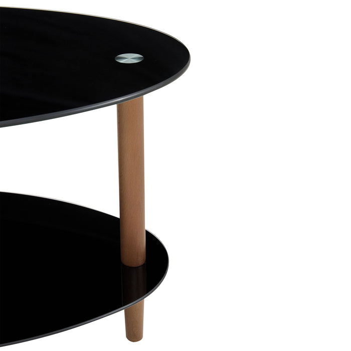 Oval Glass Coffee Table, Modern Table In Living Room Oak Wood Leg Tea Table 3-Layer Tempered Glass Table - Brown / Black