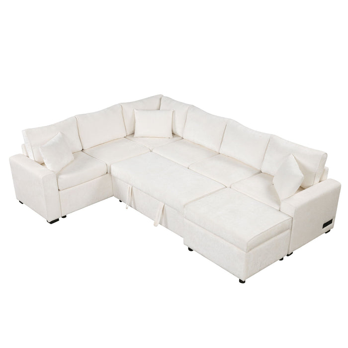 Sectional Sofa Pull-Out Sofa Bed Sleeper With A Storage Ottoman, Three Pillows And Charging Devices For Living Room