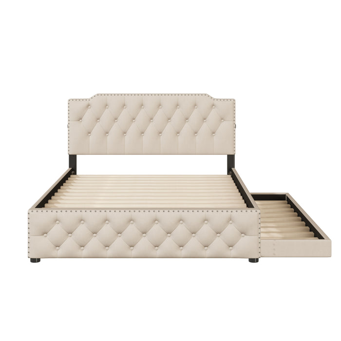 Upholstered Platform Bed With Twin Size Trundle And 2 Sets Of USB Ports On Each Side, Linen Fabric