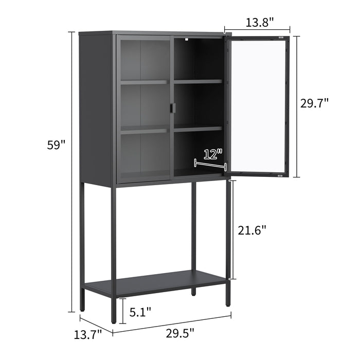 Heavy Duty Metal Storage Cabinet, Display Storage Cabinet With Glass Doors And 2 Adjustable Shelves, Tall Bookcase Modern Bookshelf Cabinet For Home Office, Living Room, Pantry