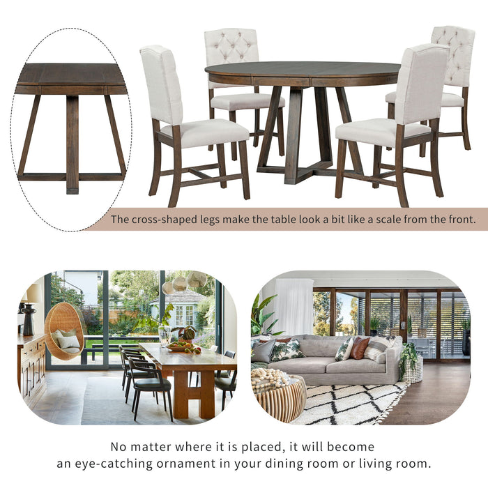 Retro Functional Dining Set, Round Table With Leaf And Upholstered Chairs For Dining Room And Living Room