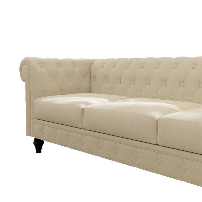 Chesterfield Sofa, 3-Seater Plush Fabric With Tufted Buttons And Wooden Legs, Classic Design - Beige