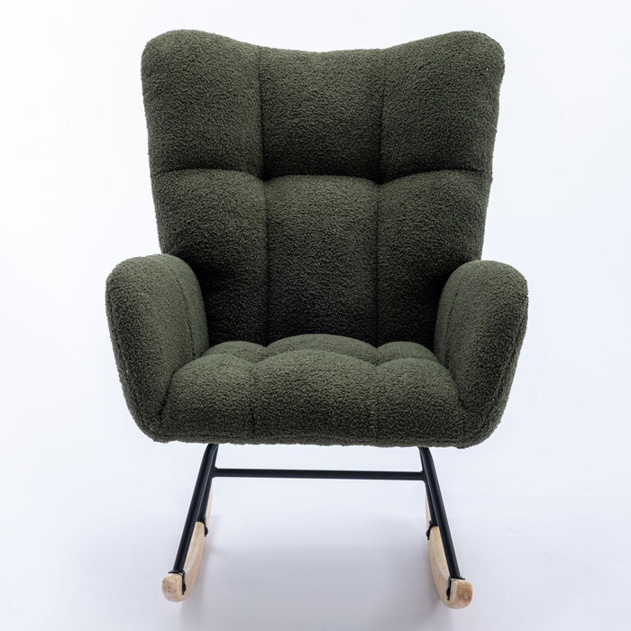 30.3" Rocking Chair With Pocket, Soft Teddy Fabric Rocking Chair For Nursery, Comfy Wingback Glider Rocker With Safe Solid Wood Base For Living Room Bedroom Balcony - Dark Green