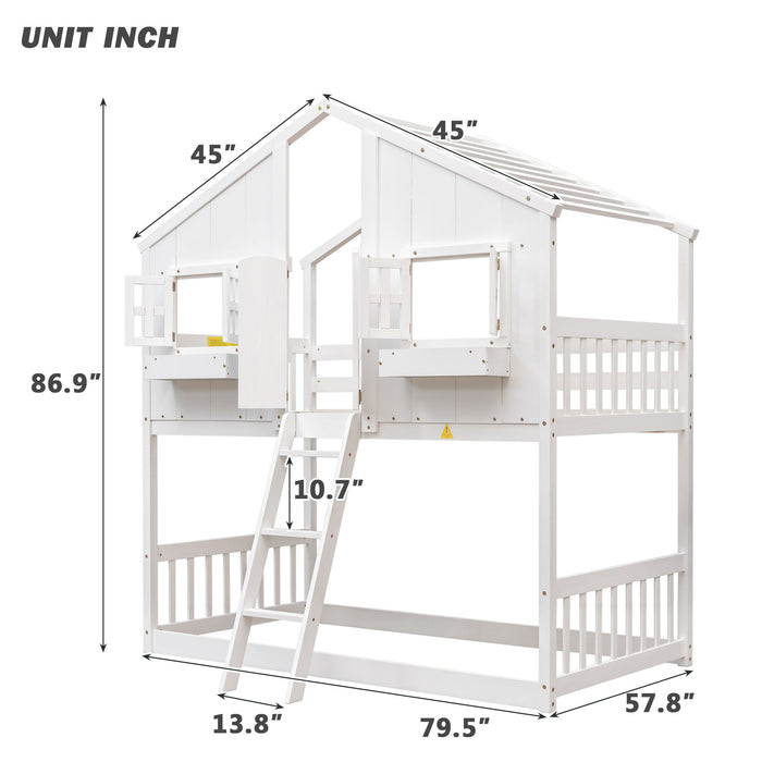 House Bunk Bed With Roof, Window, Window Box, Door, With Safety Guardrails And Ladder