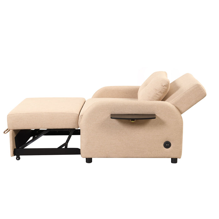 Pull Out Sofa Sleeper 3 In 1 With 2 Wing Table And USB Charge For Nap Line Fabric For Living Room Recreation Room