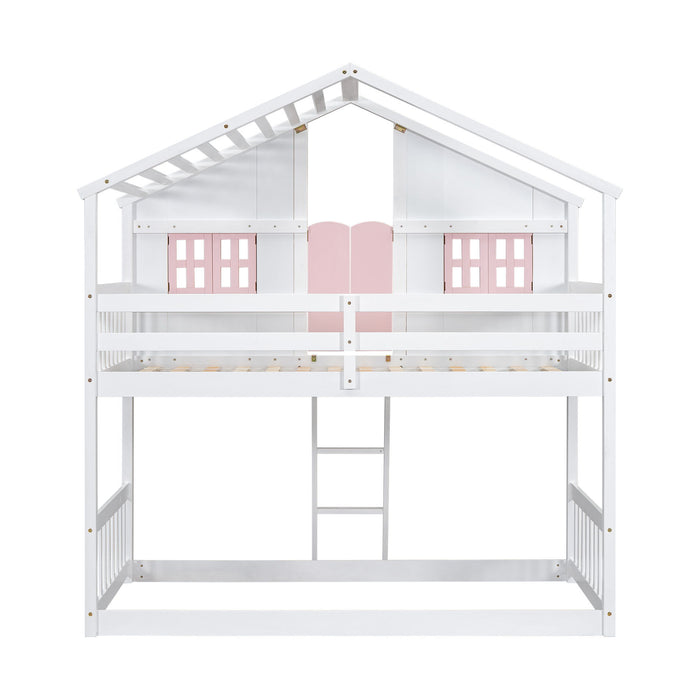 House Bunk Bed With Roof, Window, Window Box, Door, With Safety Guardrails And Ladder