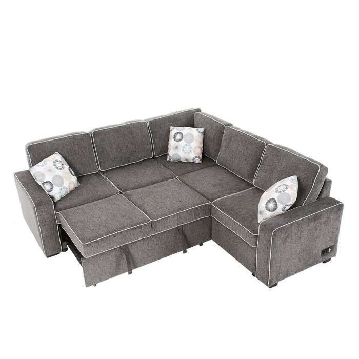 L-Shaped Pull Out Sofa Bed Modern Convertible Sleeper Sofa With 2 USB Ports, 2 Power Sockets, 3 Pillows For Living Room - Gray