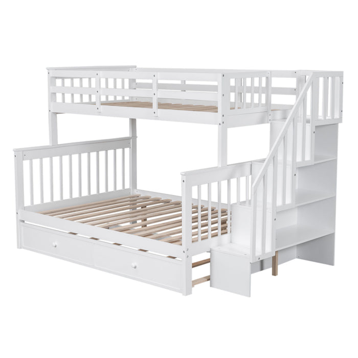 Twin Over Full Bunk Bed With Twin Size Trundle, Storage And Guard Rail For Bedroom, Dorm, For Adults - White