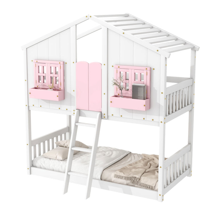 House Bunk Bed With Roof, Window, Window Box, Door, With Safety Guardrails And Ladder